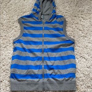 BDG Hooded gray, and blue striped  vest zipper up. (J) size Large